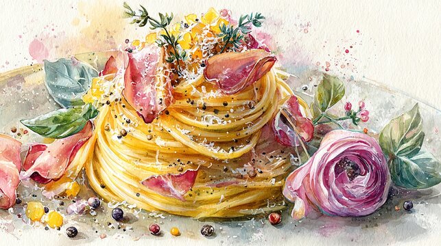 Elegant pasta dish with flowers and spices.