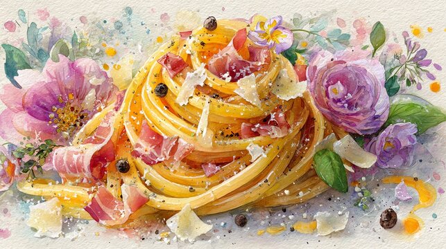 A vibrant pasta dish with floral accents.