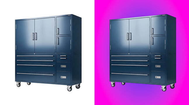 A large blue metal tool cabinet with multiple drawers and doors, mounted on wheels, isolated on a white background, for industrial storage
