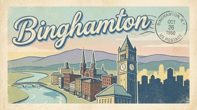 Binghamton, NY 1950s Vintage Postcard. Retro-style illustration of the city skyline with an iconic clock tower, church spires, river, bridge, and scenic mountains