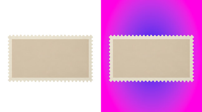 A rectangular postage stamp with a blank beige center and decorative scalloped edges, isolated on a white background, philately concept