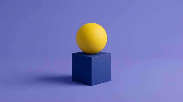 A bright yellow sphere balanced perfectly on top of a dark blue cube against a purple background