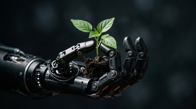 Robotic hand holding a small green plant against dark background.