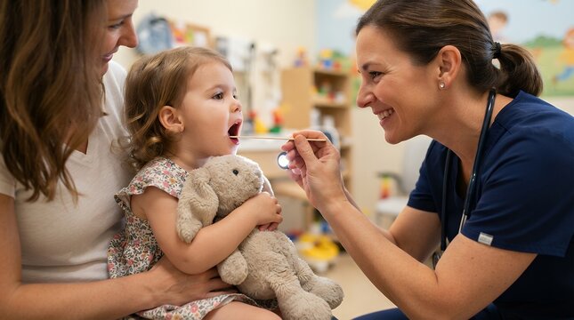 Friendly doctor examining toddler throat with tongue depressor in pediatric clinic office.
