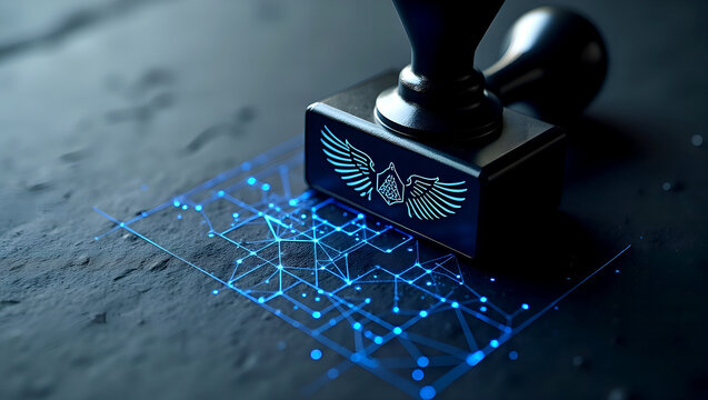 Traditional rubber stamp creating a glowing blue digital network pattern. Concept of smart contracts, blockchain verification, and secure digital e-signature.
