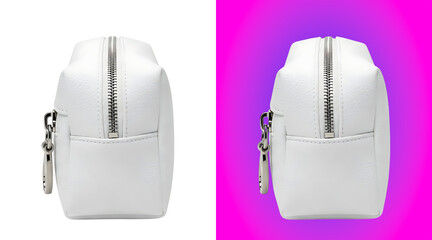 A small white cosmetic pouch with a silver metal zipper and a circular pull tab, isolated on a white background, for beauty product display © Abdur