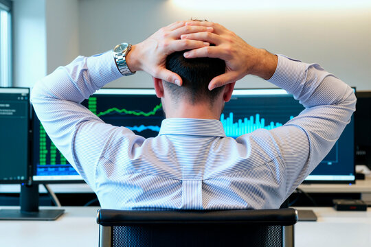 Rear view of Caucasian young adult businessman holding head in hands while looking at stock market charts on computer screen, representing financial loss and stress in trading