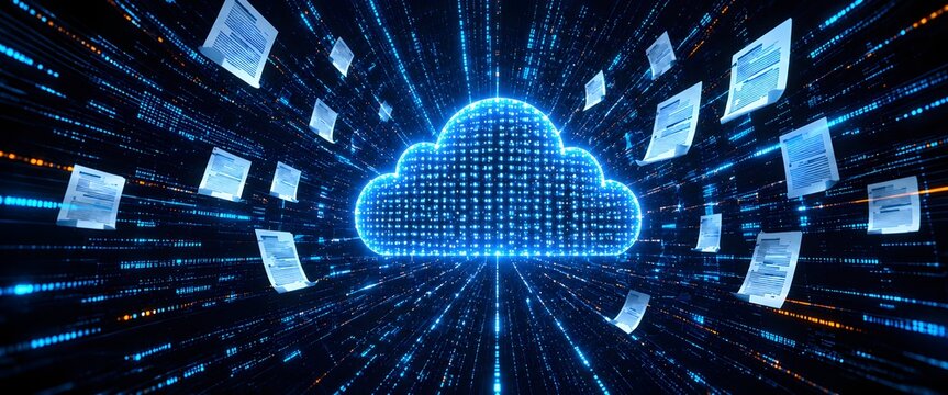 Glowing blue digital cloud computing symbol emitting electronic documents through cyberspace data streams representing secure online storage and network backup