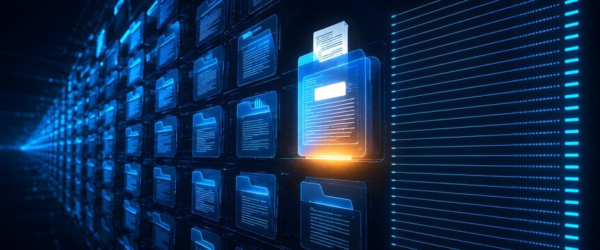 Futuristic digital database interface displaying glowing virtual folders and electronic documents representing secure server archiving and file organization