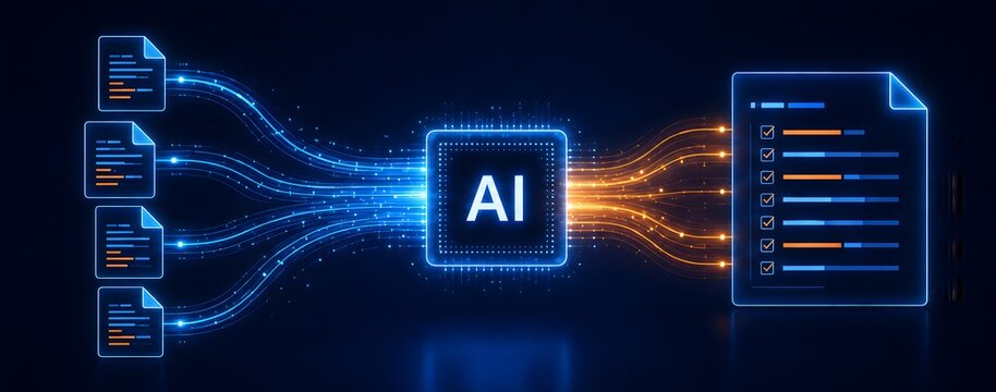 Glowing digital processor analyzing multiple electronic documents and compiling data into a structured report representing automated workflow and artificial intelligence systems