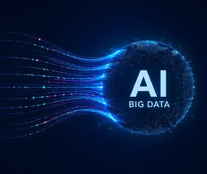 Glowing digital sphere processing high speed fiber optic data streams representing artificial intelligence algorithms and big data analytics in advanced corporate networks