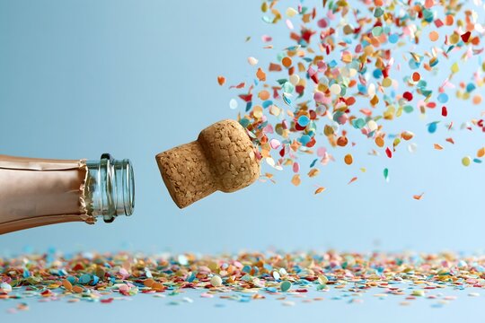 Popping Champagne Cork Popping with Explosion of Colorful Confetti. Champagne Cork Popping Mid-Air with Flying Colorful Confetti