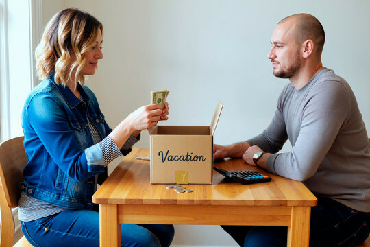 Caucasian young adult couple sitting at table and putting money into vacation savings box. Concept of financial planning, budgeting and travel goals for family banking advertisements