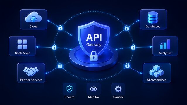 Advanced application programming interface gateway architecture diagram illustrating secure cloud connections microservices integration and database analytics routing.