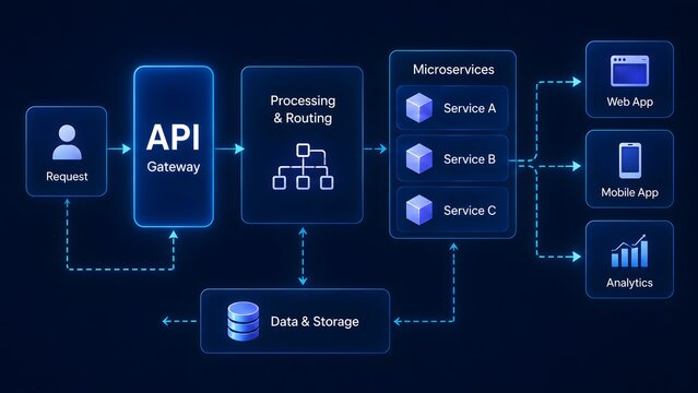 Comprehensive application programming interface gateway architecture diagram demonstrating cloud microservices routing request processing and backend database storage integration.
