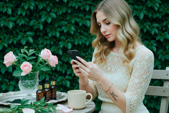 Young adult Caucasian woman using smartphone beside skincare serum bottles and flowers, researching beauty products. Ideal for ecommerce, wellness branding, social media marketing