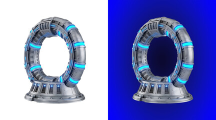 Futuristic circular metallic portal with glowing blue lights on a white background, sci-fi gateway structure with detailed mechanical parts © Abdur