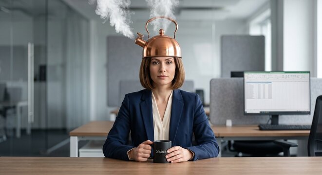 Professional woman with a polished copper whistling kettle replacing the top of her head, releasing steam while holding a &ldquo;DEADLINE&rdquo; mug in a minimalist office