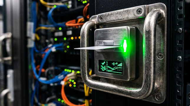 Smart Card Security Reader with Green Status Light on Server Rack Cabinet in Data Center