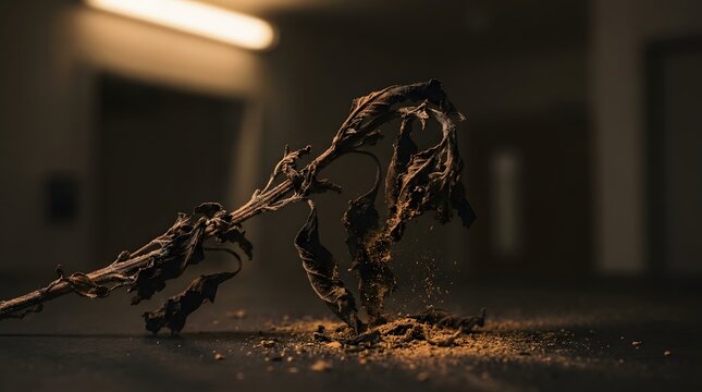 Dried dead plant disintegrating into fine dust on a dark surface symbolizing the inevitable decay of natural life and passing of time in a fragile ecosystem