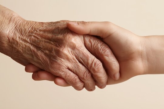 Gentle touch across generations: elderly and younger hands intertwined