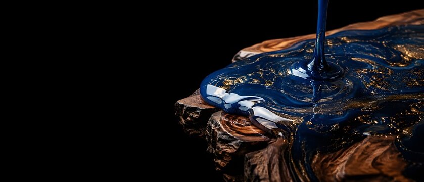 Macro close up of glossy deep blue and metallic gold epoxy resin pouring into rustic live edge wood slab, premium artisan furniture manufacturing river table background with black copy space