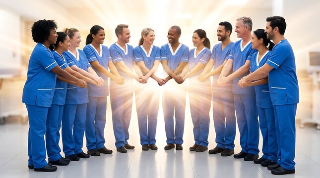 Large medical team holding hands in unity indoors