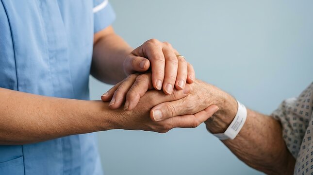 Medical professional holding patient hands with care