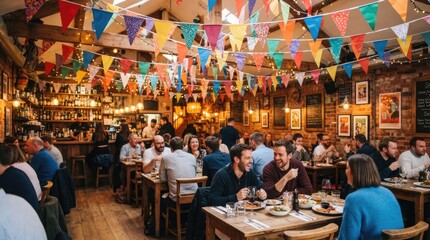 Obraz premium Busy Cozy Restaurant Interior with Friends Dining Under Colorful Festive Bunting and Warm Lights