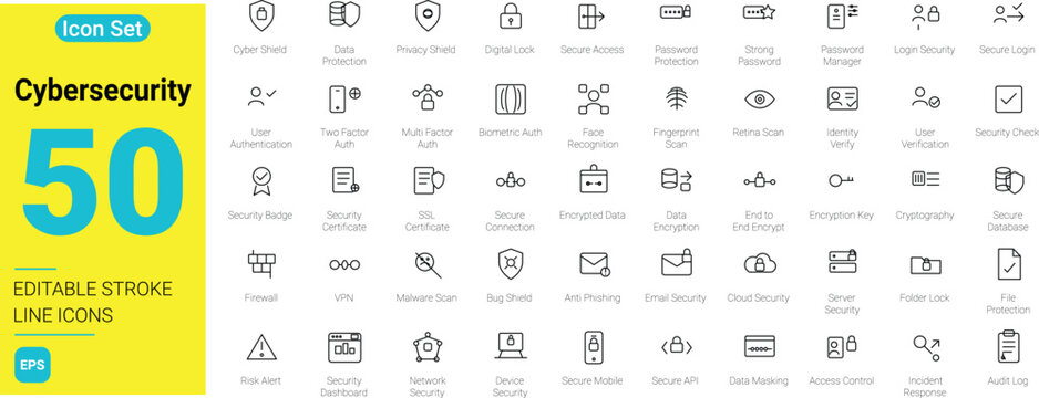 50 Cybersecurity line icons set with editable stroke. Cyber security, data protection, network safety, privacy shield, and system access web symbols isolated on white background.
