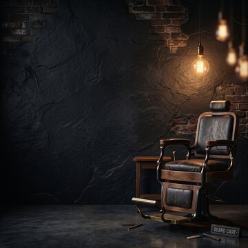 Vintage barber chair in a dark moody barbershop with exposed brick wall and edison bulb lighting retro chair dark background hair salon men salon leather chair light bulb