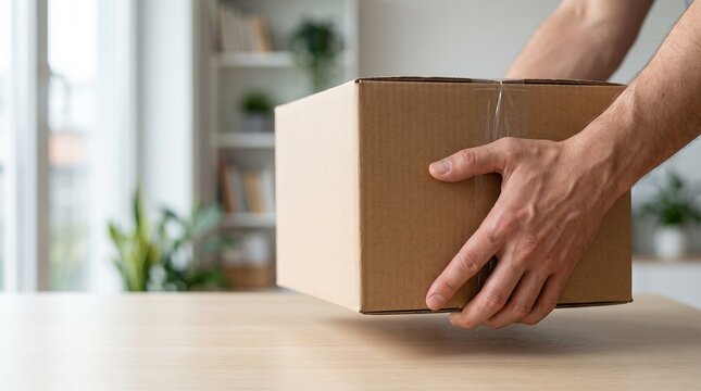 Close up shot of strong male hands holding a brown cardboard box carefully while standing near a clean wooden desk inside a bright cozy home