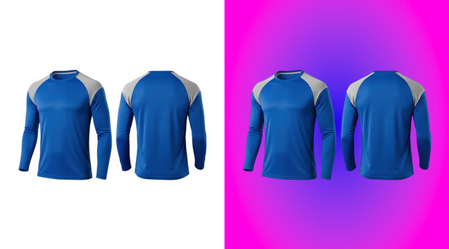 Two views of a blue long-sleeve athletic shirt with grey raglan sleeves, shown from front and back on a white background, for apparel display