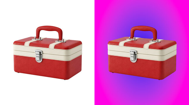 Vintage red and white plastic vanity or makeup case with a handle, isolated on a white background, for beauty and, storage purposes