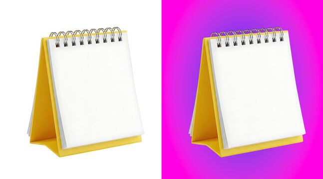 Two yellow desk calendars with blank white pages, one on a black background, and one on, a vibrant pink, gradient background