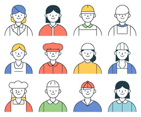 Fototapeta premium Industrial worker and service staff line art avatars with colored clothes accents.