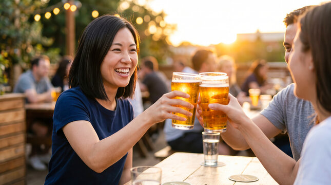 Group of friends celebrate and laugh while raising their drinks at a rooftop bar as the sun sets over the city skyline, creating a lively and warm atmosphere