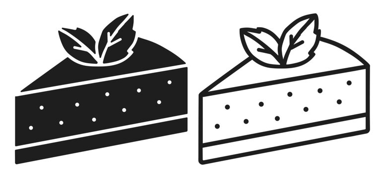 Cake slice icon set with leaf garnish in outline and filled styles on transparent background