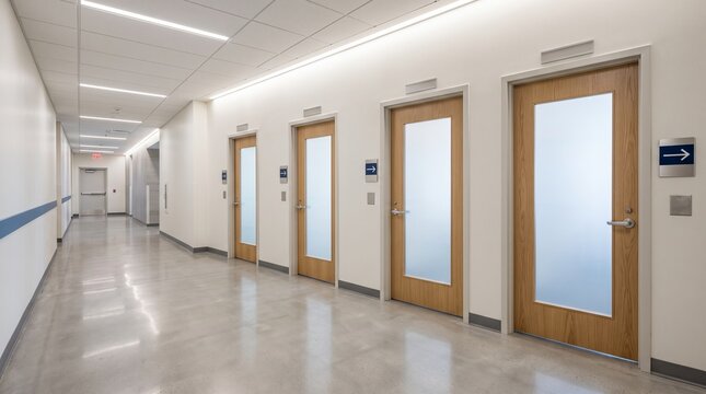 Modern office hallway featuring professional wooden doors with frosted glass inserts and directional signage along white walls under bright industrial recessed ceiling lights in perspective