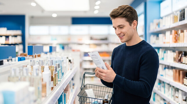A man stands in a store aisle looking at a skincare product. He holds a shopping basket with items while smiling. Shelves are filled with various skincare items