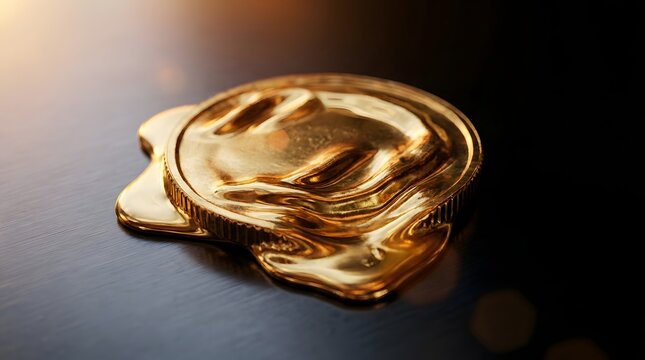 Melting gold coin dissolving on a dark metallic surface visualizing the severe economic impact of global inflation and rapid destruction of personal wealth