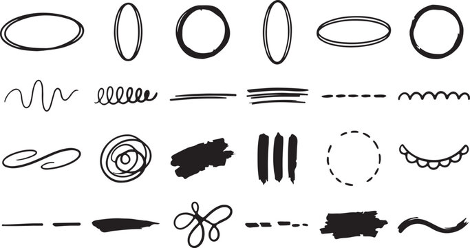 A collection of various hand drawn ink brush strokes circles lines and abstract shapes isolated on a plain white background surface
