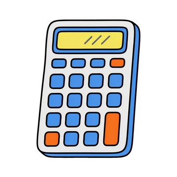 Hand drawn of a simple electronic calculator with blue, orange, and yellow buttons and display isolated on a transparent background