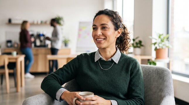 Smiling woman sitting comfortably in a modern office chair holding a warm mug while observing her colleagues collaborating in the background during a bright afternoon