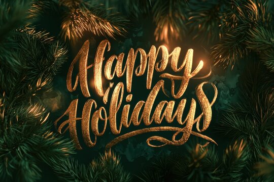 Happy Holidays in Gold Script Over Rich Pine Foliage