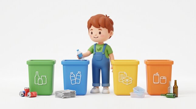 Cartoon boy recycling trash into colorful bins.