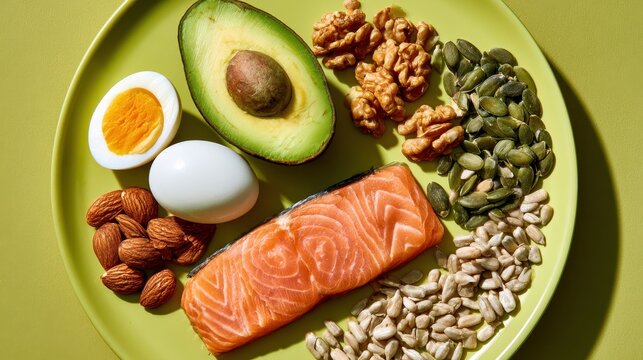 Healthy keto spread featuring salmon, avocado, eggs and mixed nuts on a lime-green backdrop
