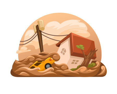 Flash Flood Carrying Car and Tree House in Raging Water Vector Illustration