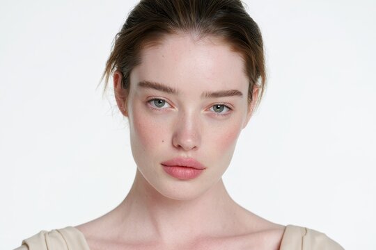 High-key studio portrait of a thoughtful woman with neutral makeup on white