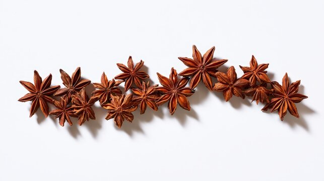 A scattered arrangement of dried star anise spice on a white background, isolated. Culinary ingredient for baking and beverages.